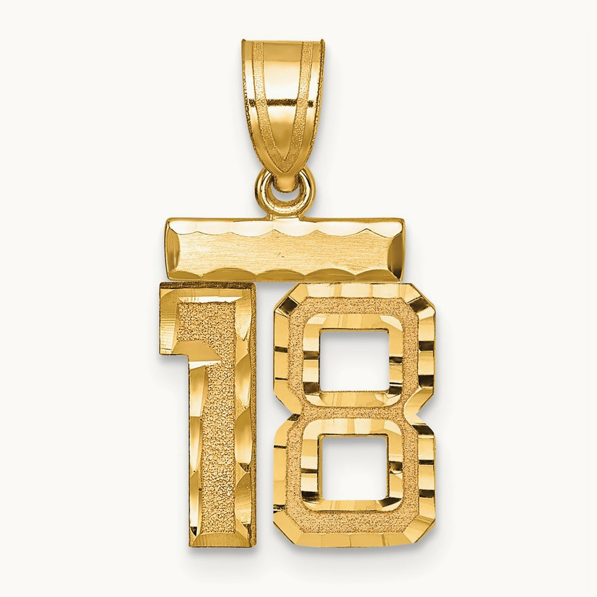 Small Brushed Diamond-cut Number 18 Charm — 14K Yellow Gold