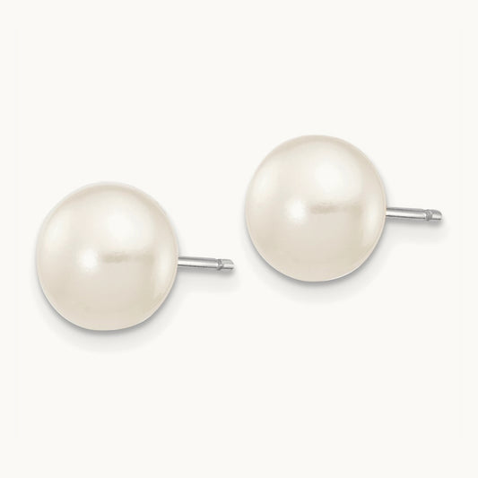 WG 7- White Button FW Cultured Pearl Stud Post Earrings, 8mm, 14K