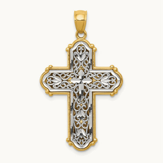 w/Rhodium Reversible Diamond-cut Filigree Cross Pendant, 14K
