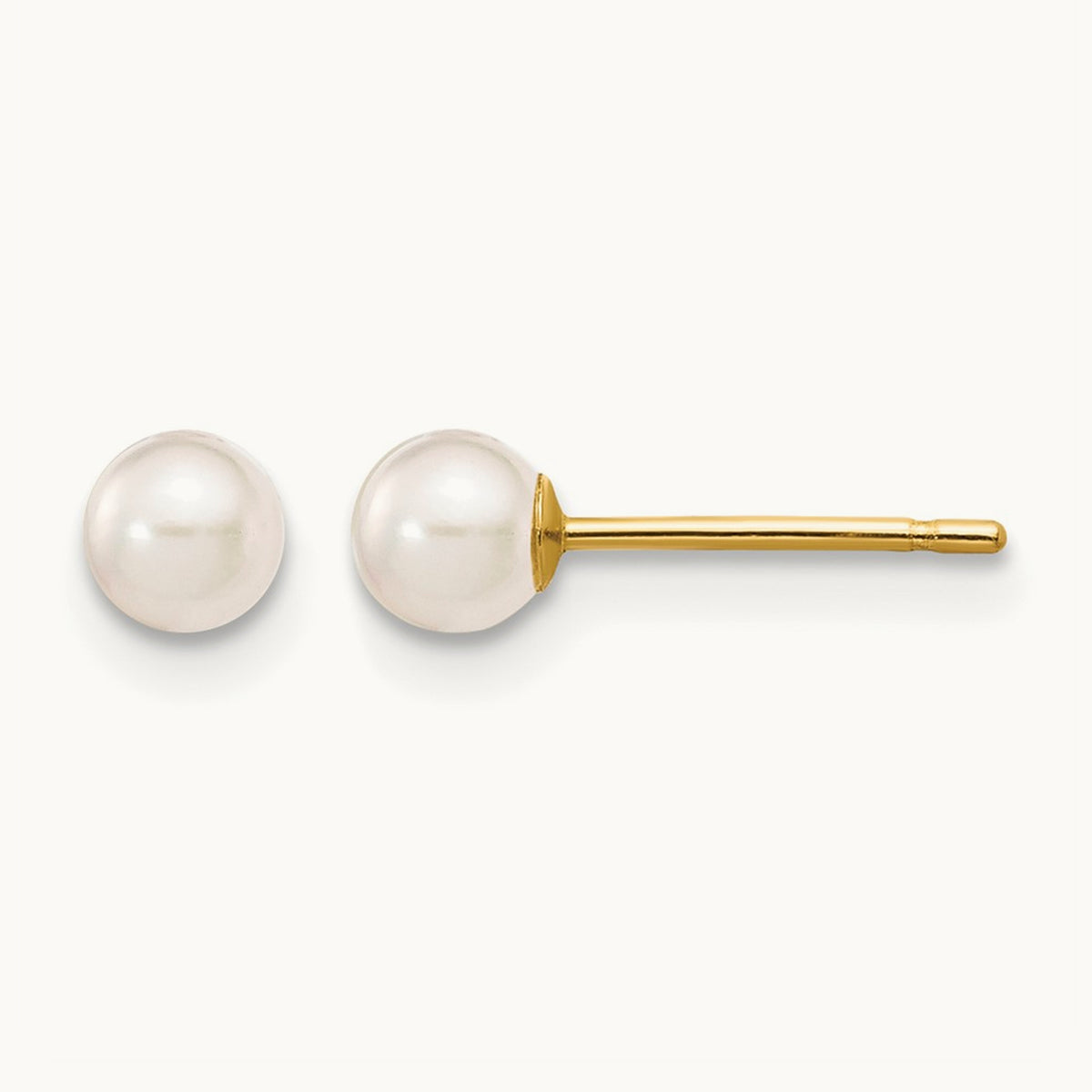 3- Round White Saltwater Akoya Cultured Pearl Stud Post Earrings, 4mm, 14K