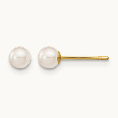 3- Round White Saltwater Akoya Cultured Pearl Stud Post Earrings, 4mm, 14K