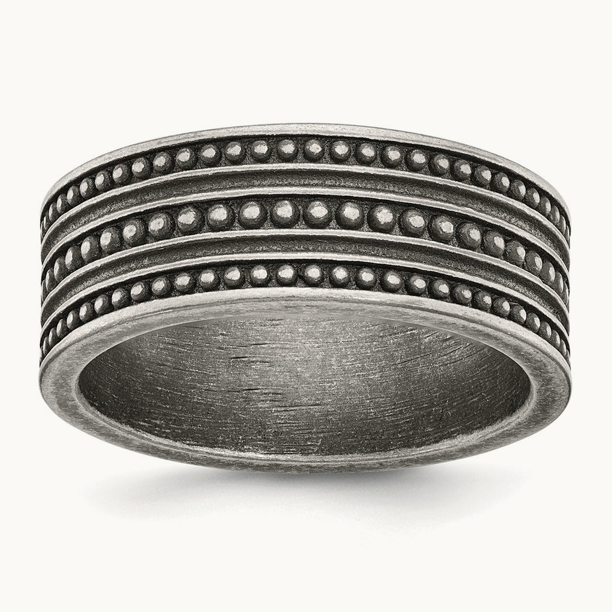 Antiqued Gun Metal IP-plated Beaded Flat Band, 10mm, Stainless Steel
