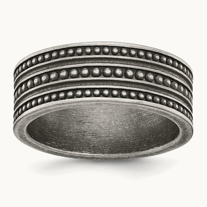 Antiqued Gun Metal IP-plated Beaded Flat Band, 10mm, Stainless Steel