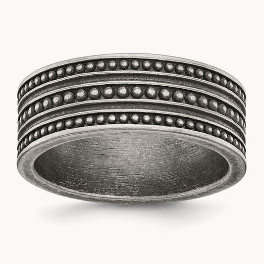 Antiqued Gun Metal IP-plated Beaded Flat Band, 10mm, Stainless Steel