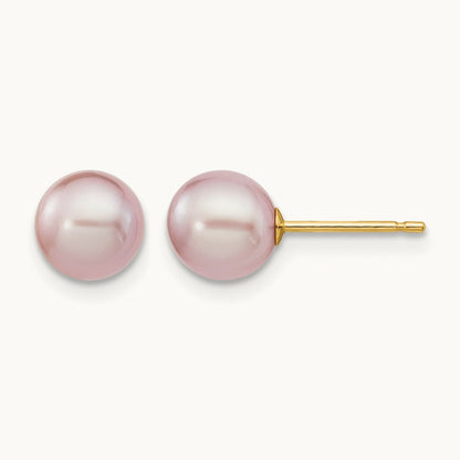 6- Purple Round Freshwater Cultured Pearl Stud Post Earrings, 7mm, 14K
