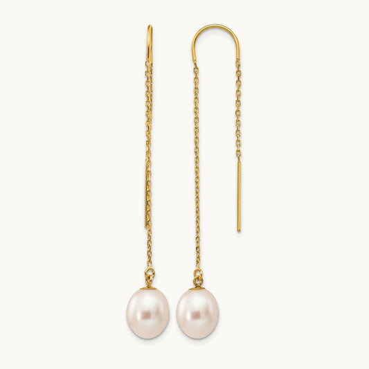 7- White Rice Freshwater Cultured Pearl Dangle Threader Earrings, 8mm, 14K