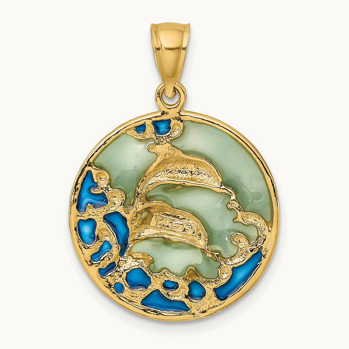 2-D Dolphins w/Blue Enameled Charm, 14K