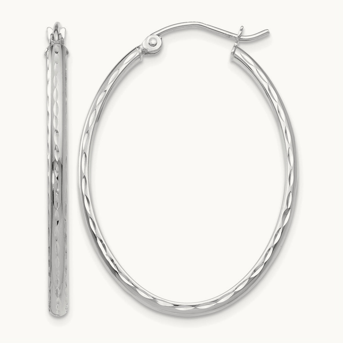 Lightweight Diamond-cut Oval Hoop Earrings — 14K White Gold, 25.5mm
