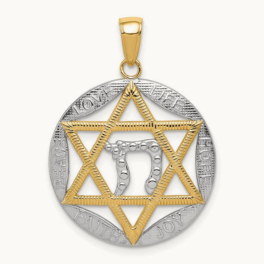 w/Rhodium Polished Star of David w/Chai Round Pendant, 14K