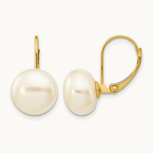 10- White Button Freshwater Cultured Pearl Leverback Earrings, 11mm, 14K