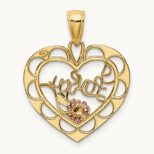 Two-one w/White Rhodium I LOVE YOU Heart w/ Flower Charm, 14K