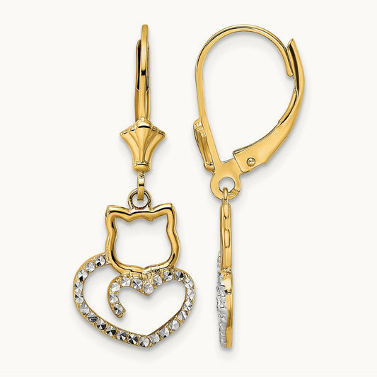 & White Rhodium D/C Cat Heart Leverback Earrings, 14K