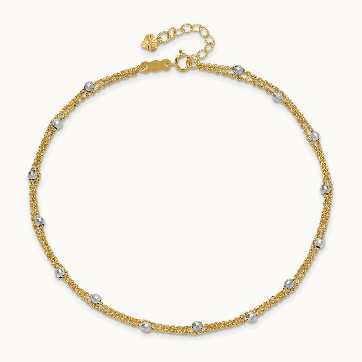 2-Strand Spiga Mirror Beads 9in Plus 1in Ext. Anklet, 14K Two-tone