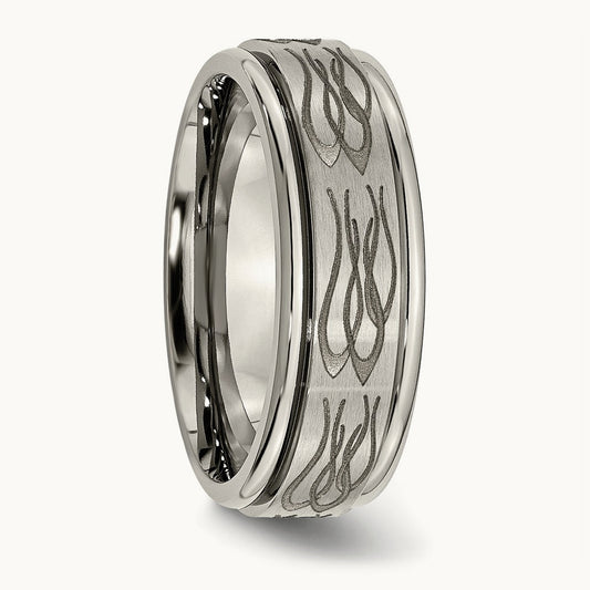 Brushed & Polished Flame Laser Design Ridged Edge Band — photo set