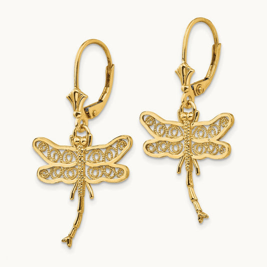 Dragonfly w/Filigree Wings Leverback Earrings, 14K
