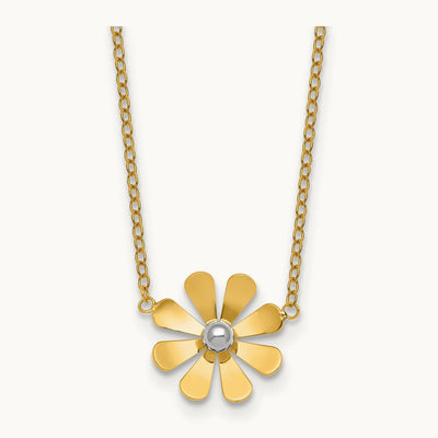 w/White Rhodium Polished Daisy 16in With 2in Ext Necklace, 14K