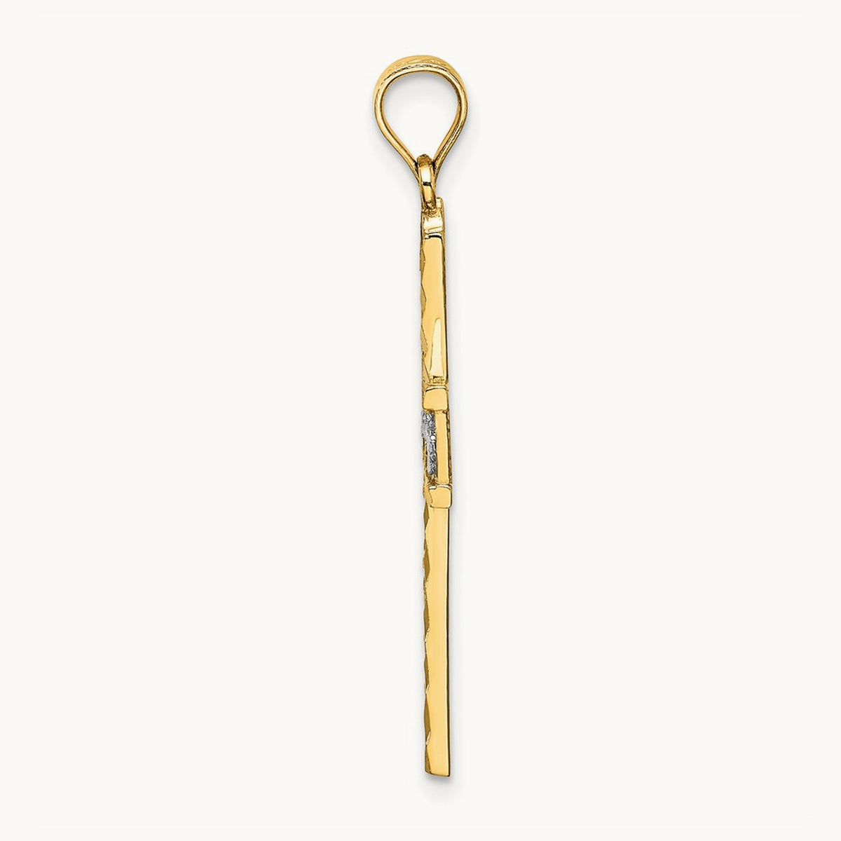 W/ Rhodium and D/C Flower Design Cross Charm, 14K