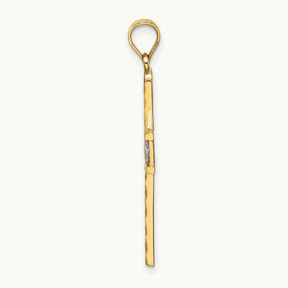 W/ Rhodium and D/C Flower Design Cross Charm, 14K