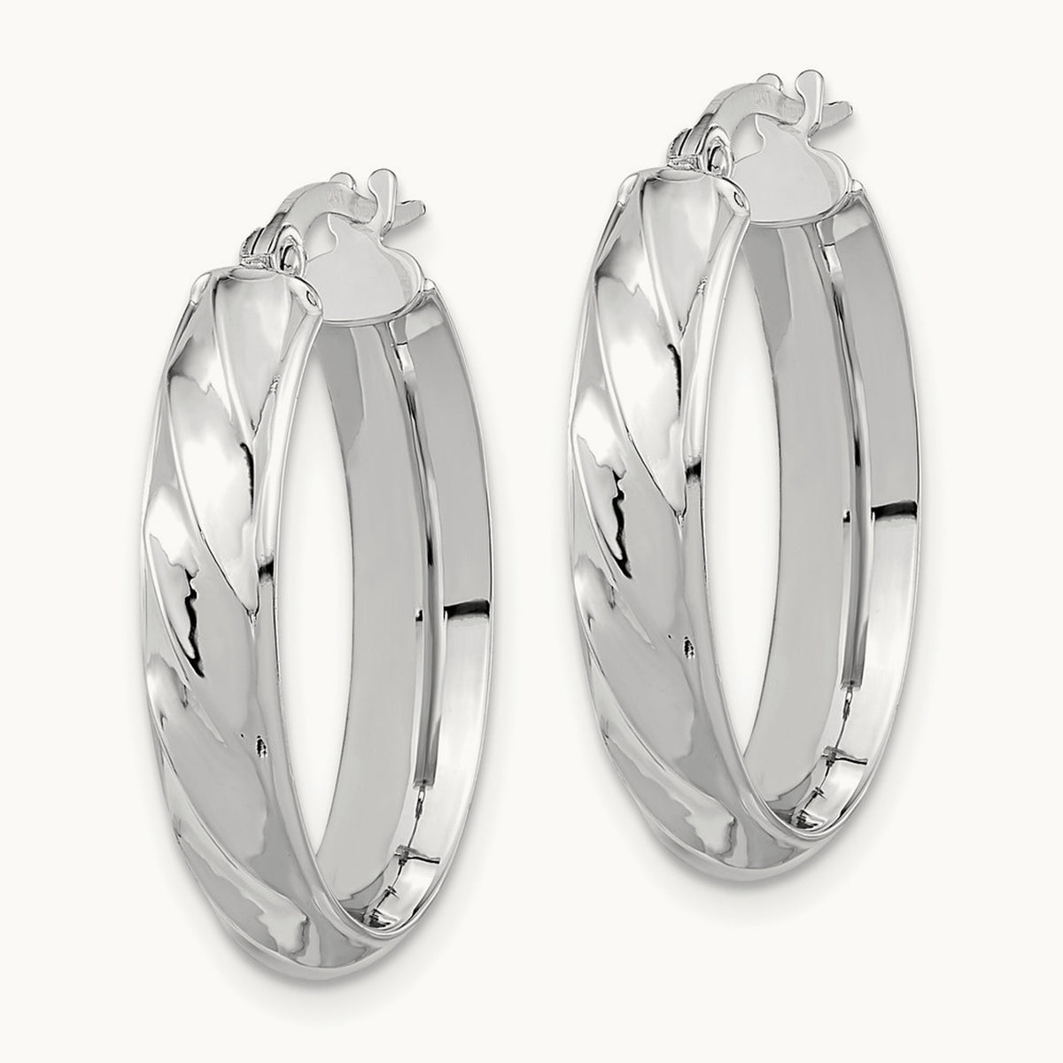 Polished and Twisted Oval Hoop Earrings — 14K White Gold