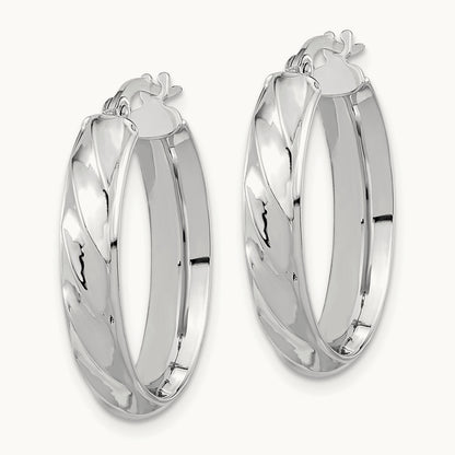 Polished and Twisted Oval Hoop Earrings — 14K White Gold