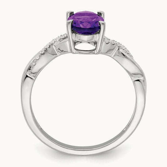 Oval Amethyst and Diamond Ring — 14K White Gold, 0.07 ct, 7