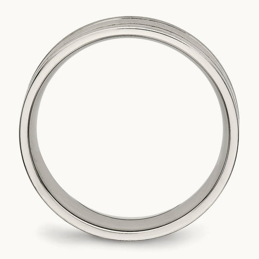 Brushed and Polished Ridged Flat Band, 6mm, Stainless Steel