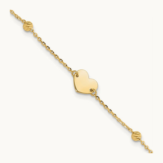 Polished and Diamond-cut Heart and Beads Plus 1in ext. Bracelet, 14K