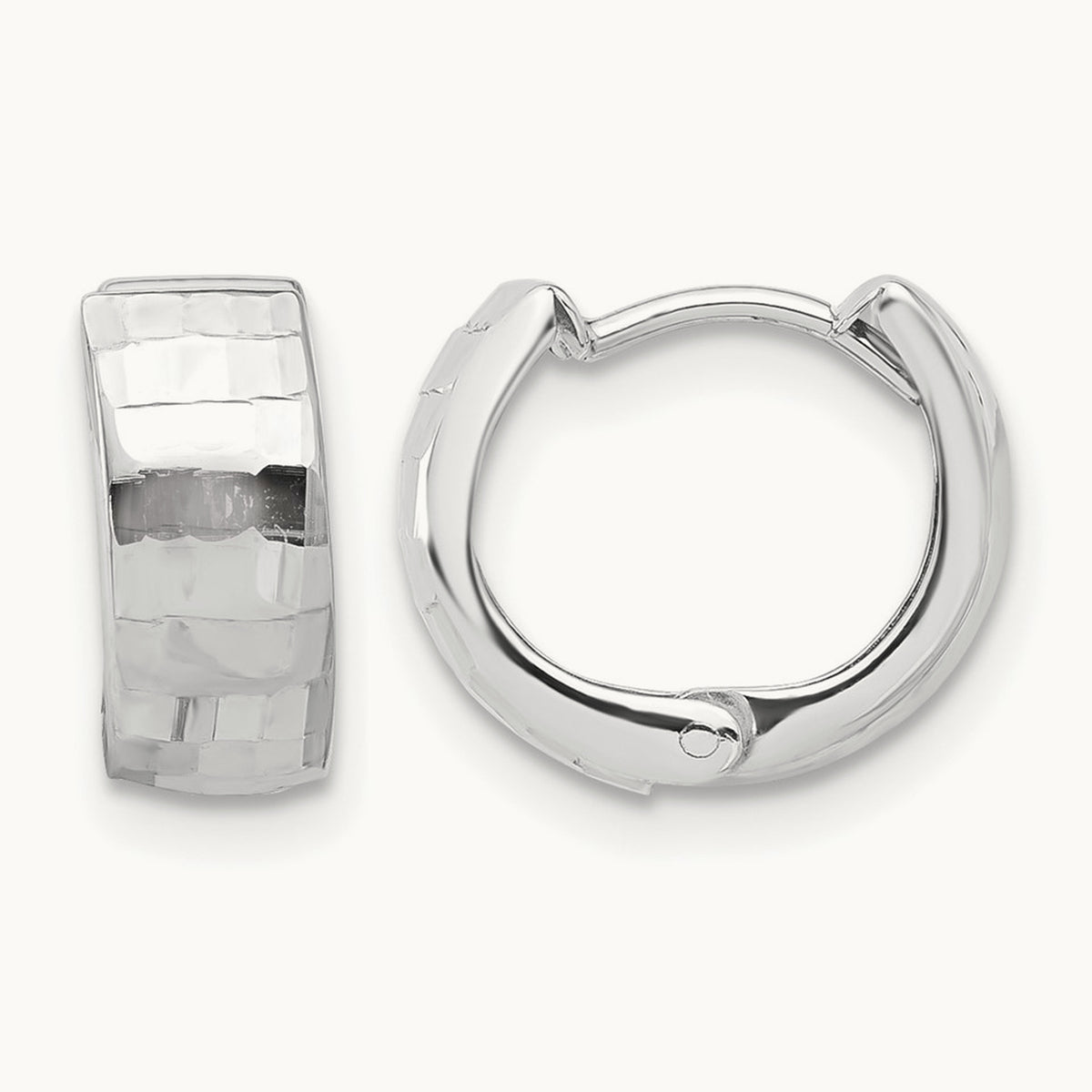 Polished and Diamond-cut Huggie Hoop Earrings — 14K White Gold