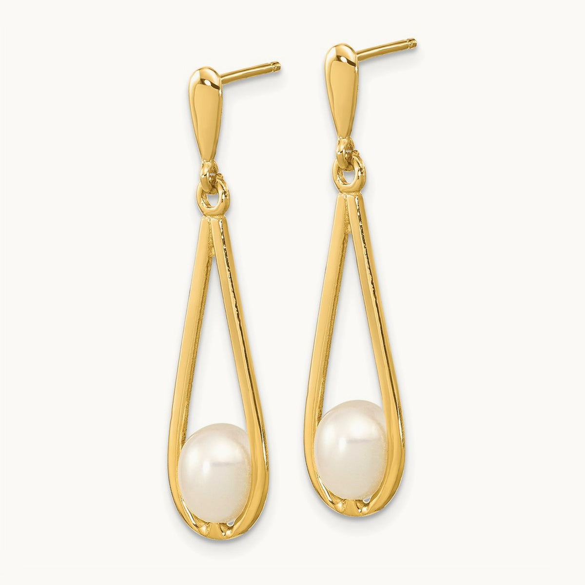 5- White Rice Freshwater Cultured Pearl Post Dangle Earrings, 6mm, 14K