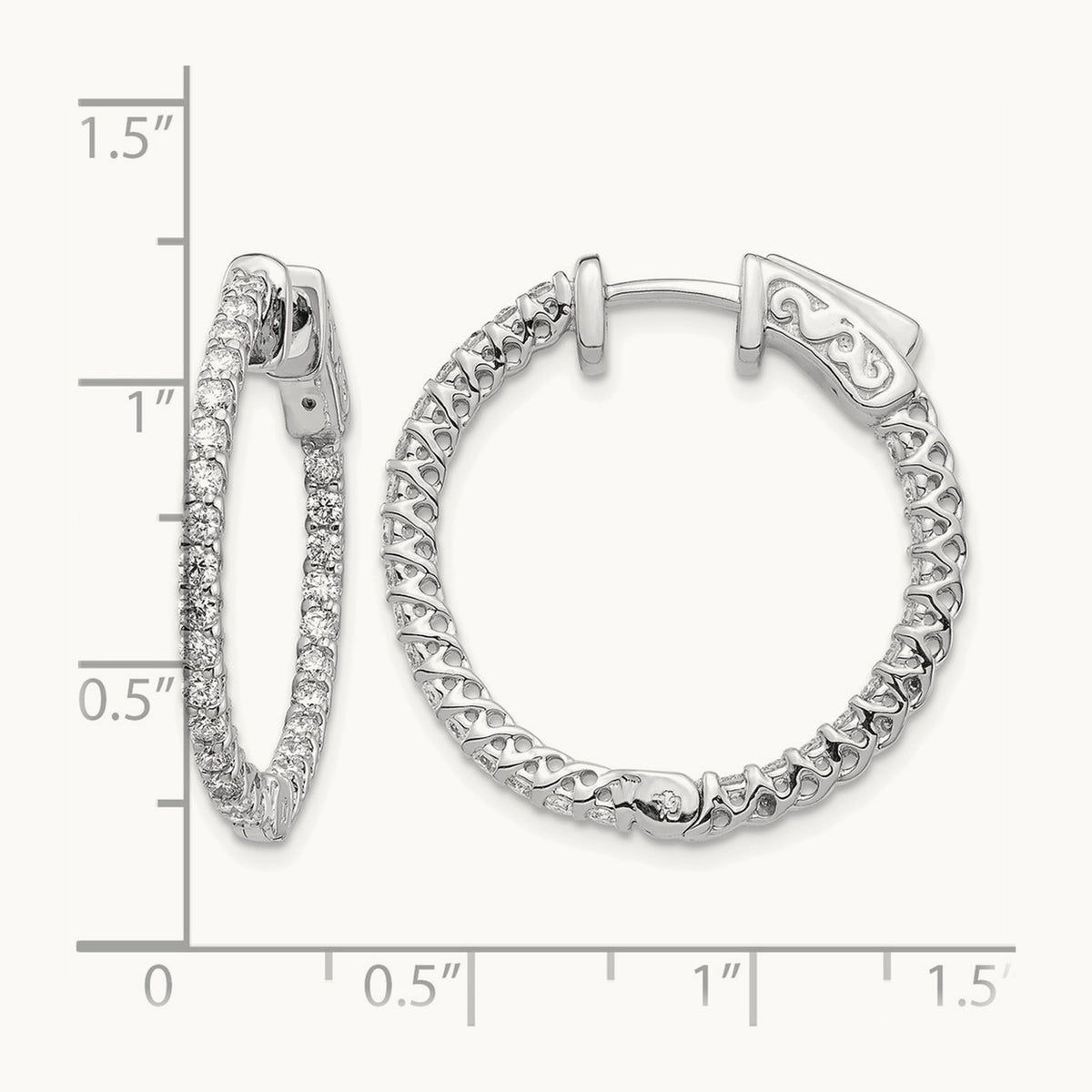 Diamond Round Hoop w/Safety Clasp Earrings, 14K White Gold