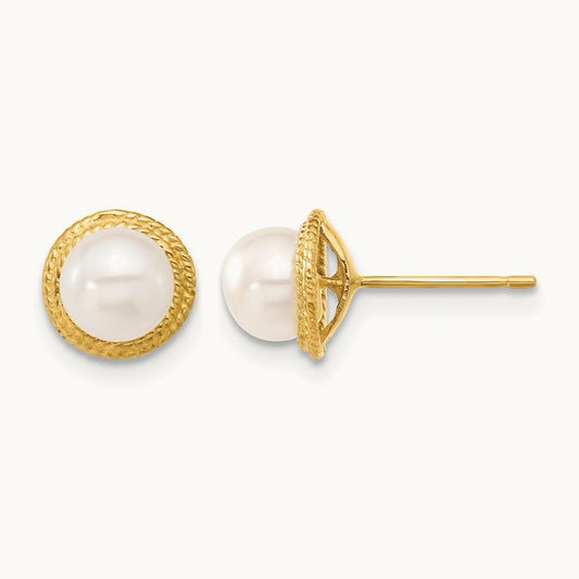 5- White Button FWC Pearl Earring and Pendant Set, 6mm, 14K