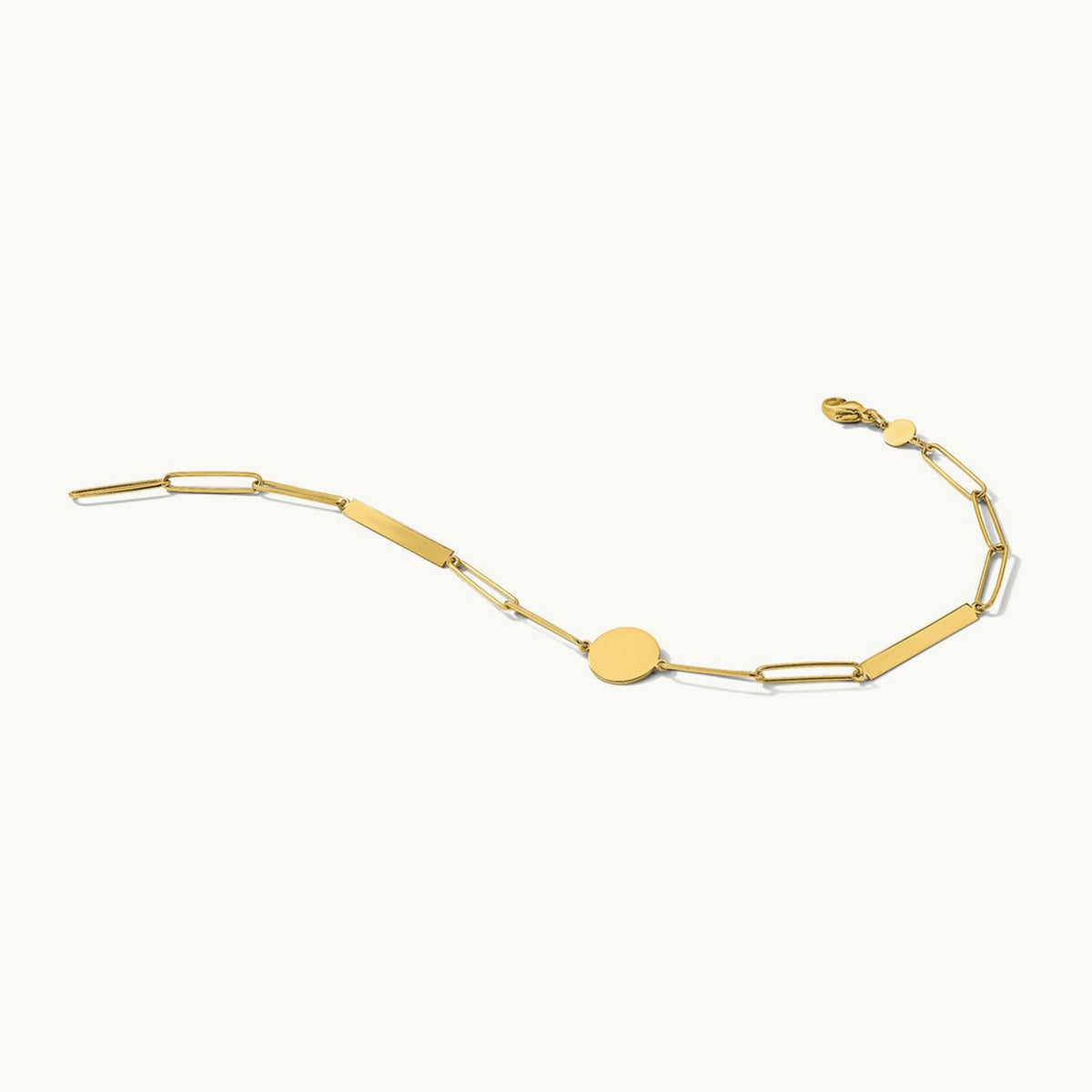 Polished Paperclip Link with Circle and Bar 8.25in Bracelet, 14K