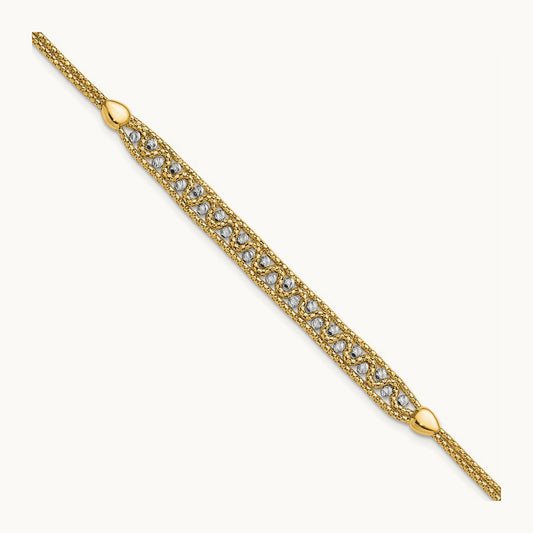 Textured and D/C Beaded w/1 inch ext Bracelet, 14K Two-tone