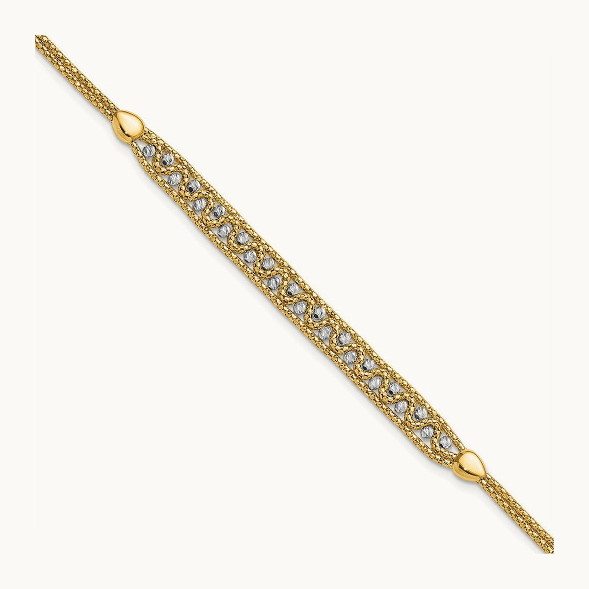 Textured and D/C Beaded w/1 inch ext Bracelet, 14K Two-tone
