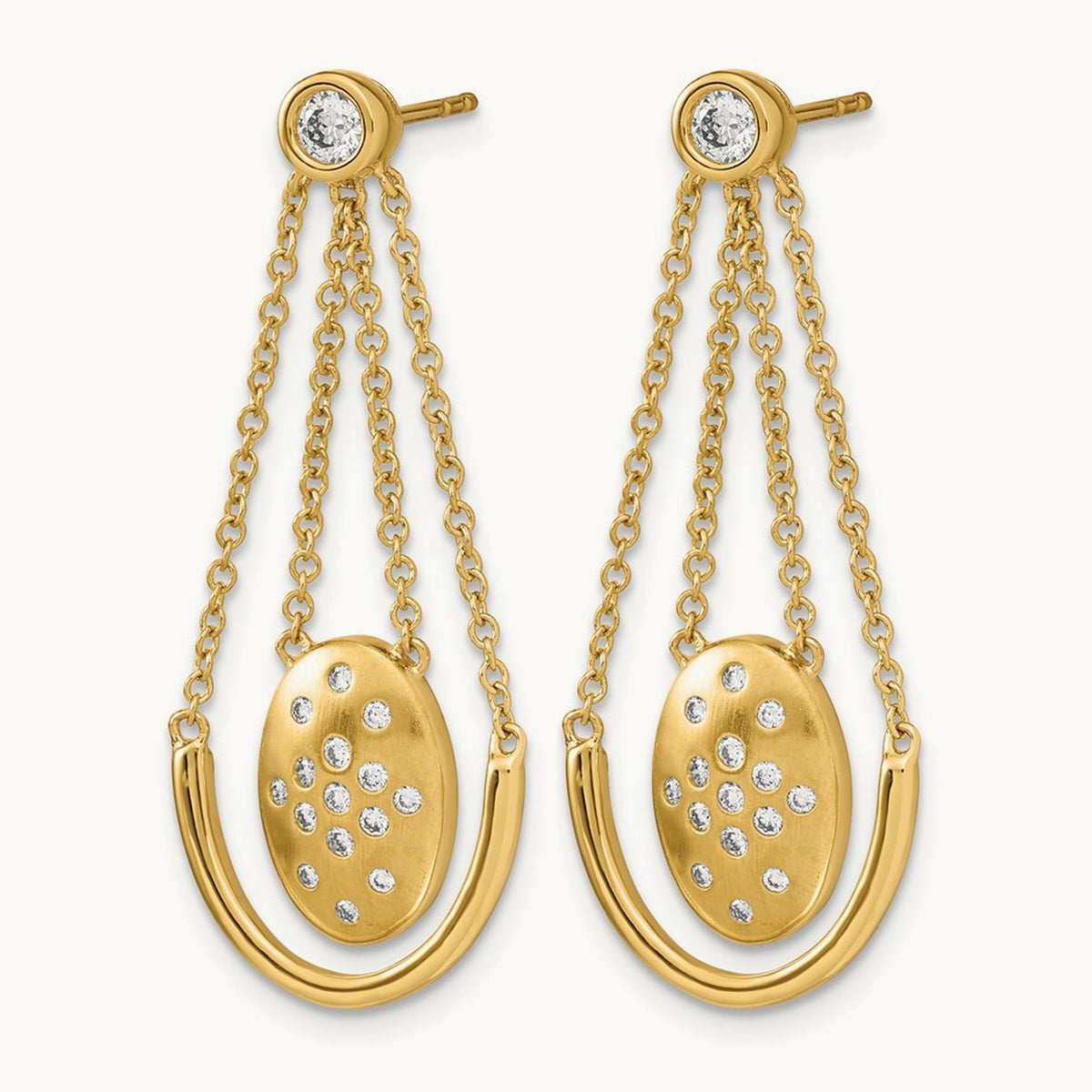 Satin/Polished Diamond Oval w/Chain Dangle Post Earrings, 14K