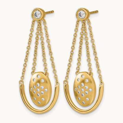 Satin/Polished Diamond Oval w/Chain Dangle Post Earrings, 14K