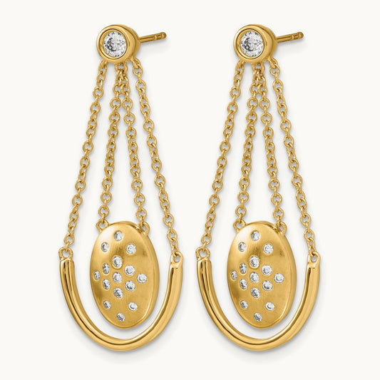 Satin/Polished Diamond Oval w/Chain Dangle Post Earrings, 14K
