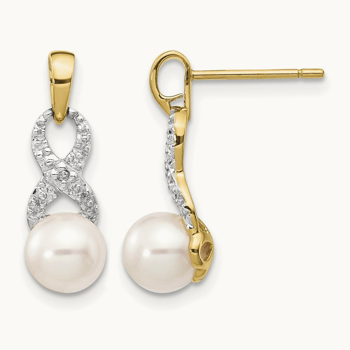 6- White Round FWC Pearl .01 Diamond Dangle Earrings, 7mm, 14K