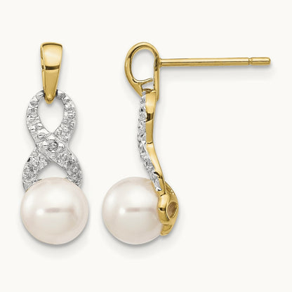 6- White Round FWC Pearl .01 Diamond Dangle Earrings, 7mm, 14K