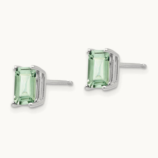 7x5mm Emerald-Cut Green Quartz Earrings, 14K White Gold