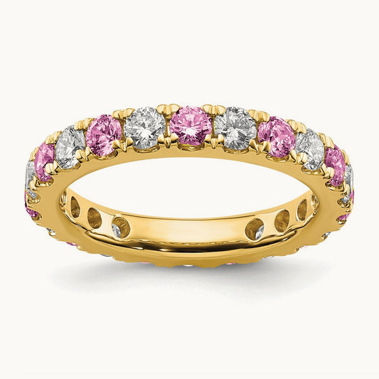 Created Pink Sapphire Eternity Band, 0.75-1.25 ct tw Lab-Grown Diamond — 14K Yellow Gold
