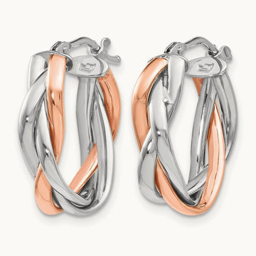 w/White Rhod and Rose Gold-plat Polished Braided Hoop Earrings, 14K — Leslie's