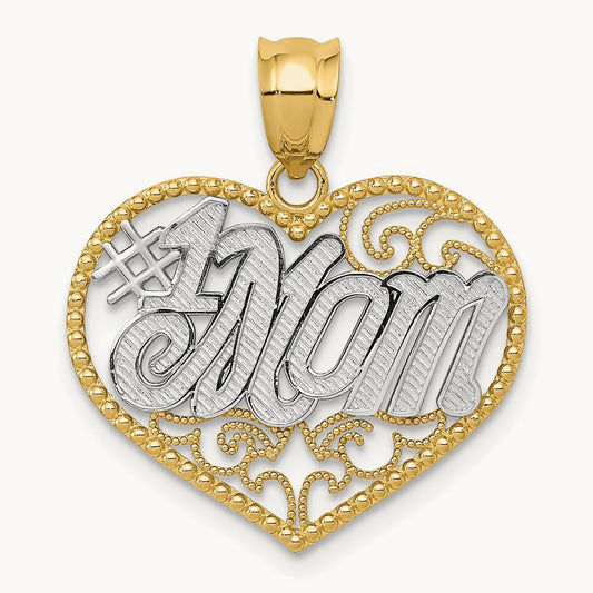 Filigree #1 Mom Heart Pendant, 14K with White Rhodium