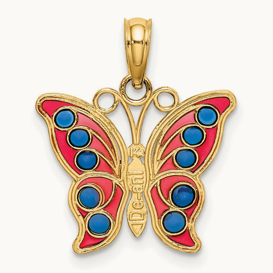 w/ Red and Blue Enamel Filigree Butterfly Charm, 14K