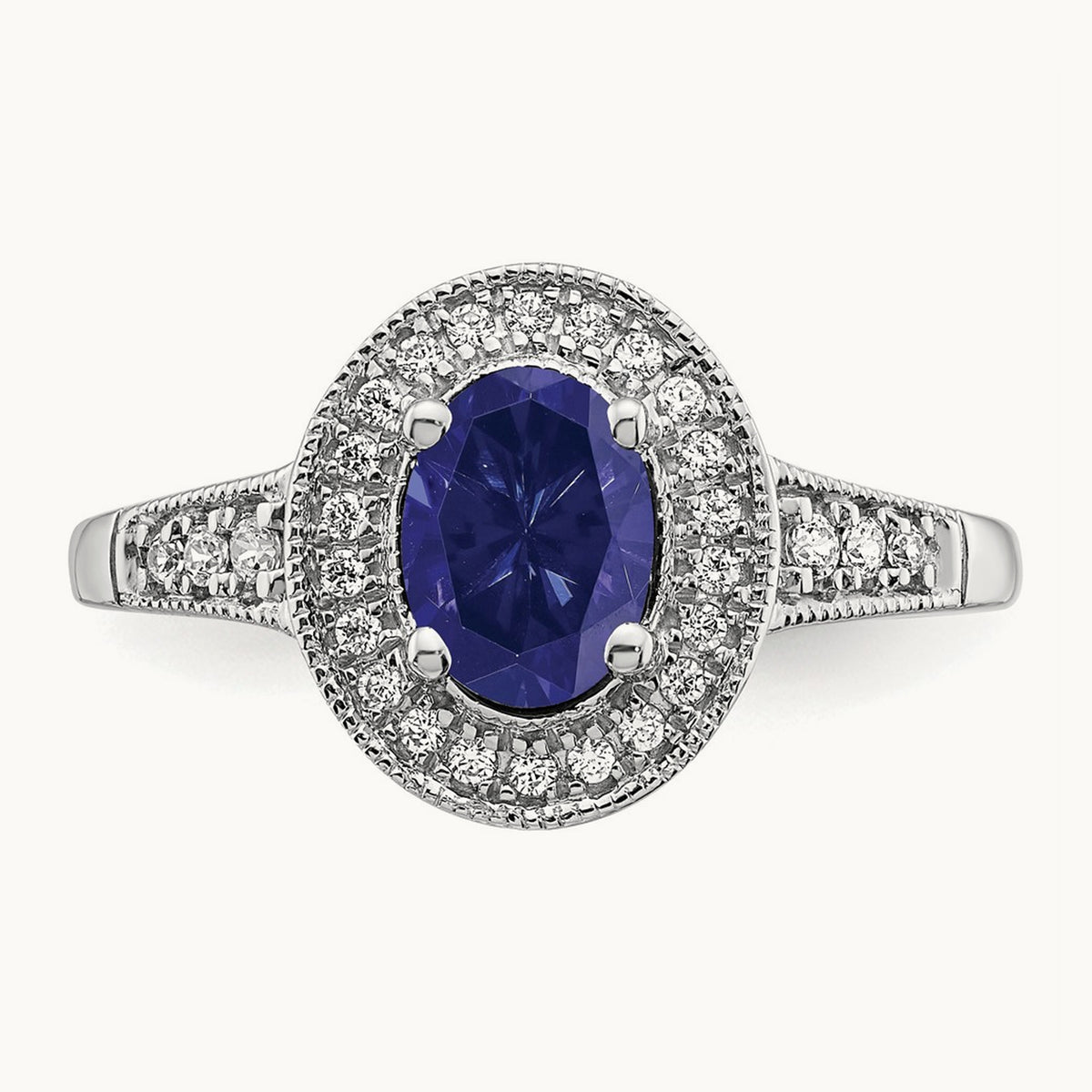 Oval Created Sapphire and Diamond Halo Ring, 14K White Gold