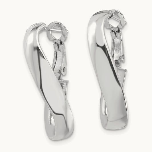 Polished Twisted Oval Omega Back Hoop Earrings, 5mm, 14K White Gold