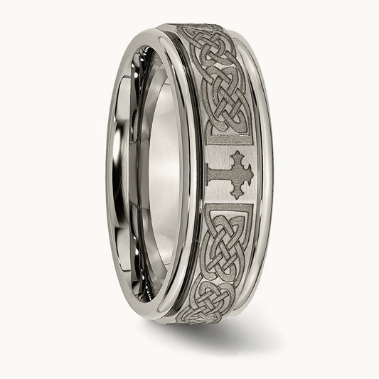Brushed & Polished Cross Laser Design Ridged Edge Band — photo set