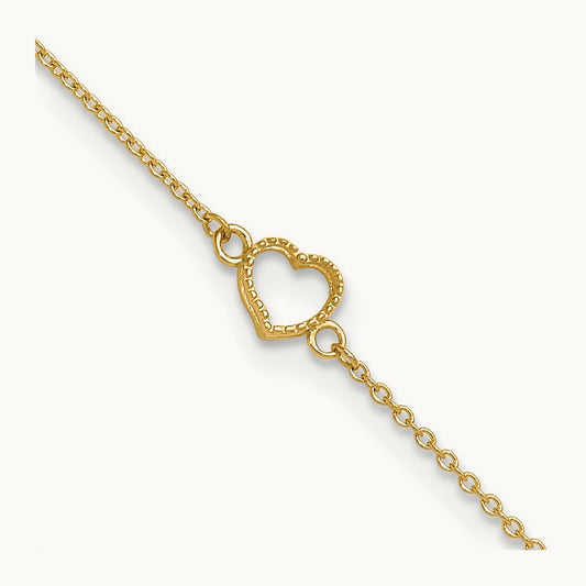 Textured and Polished Heart 9in Plus 1in ext Anklet, 14K