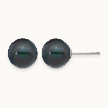 9- Black Round FW Cultured Pearl Stud Post Earrings, 10mm, 14K White Gold