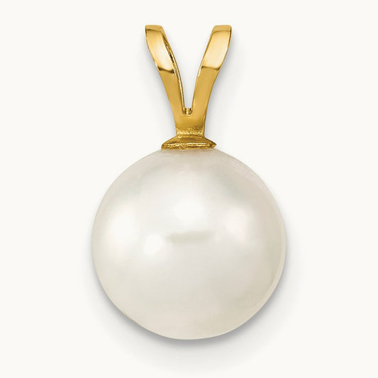 8- Round White Saltwater Akoya Cultured Pearl Pendant, 9mm, 14K Gold